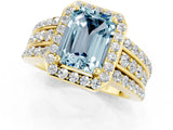 Yellow gold Emerald Cut Halo Aquamarine Ring with Split Shank and Four-Prong Setting_1