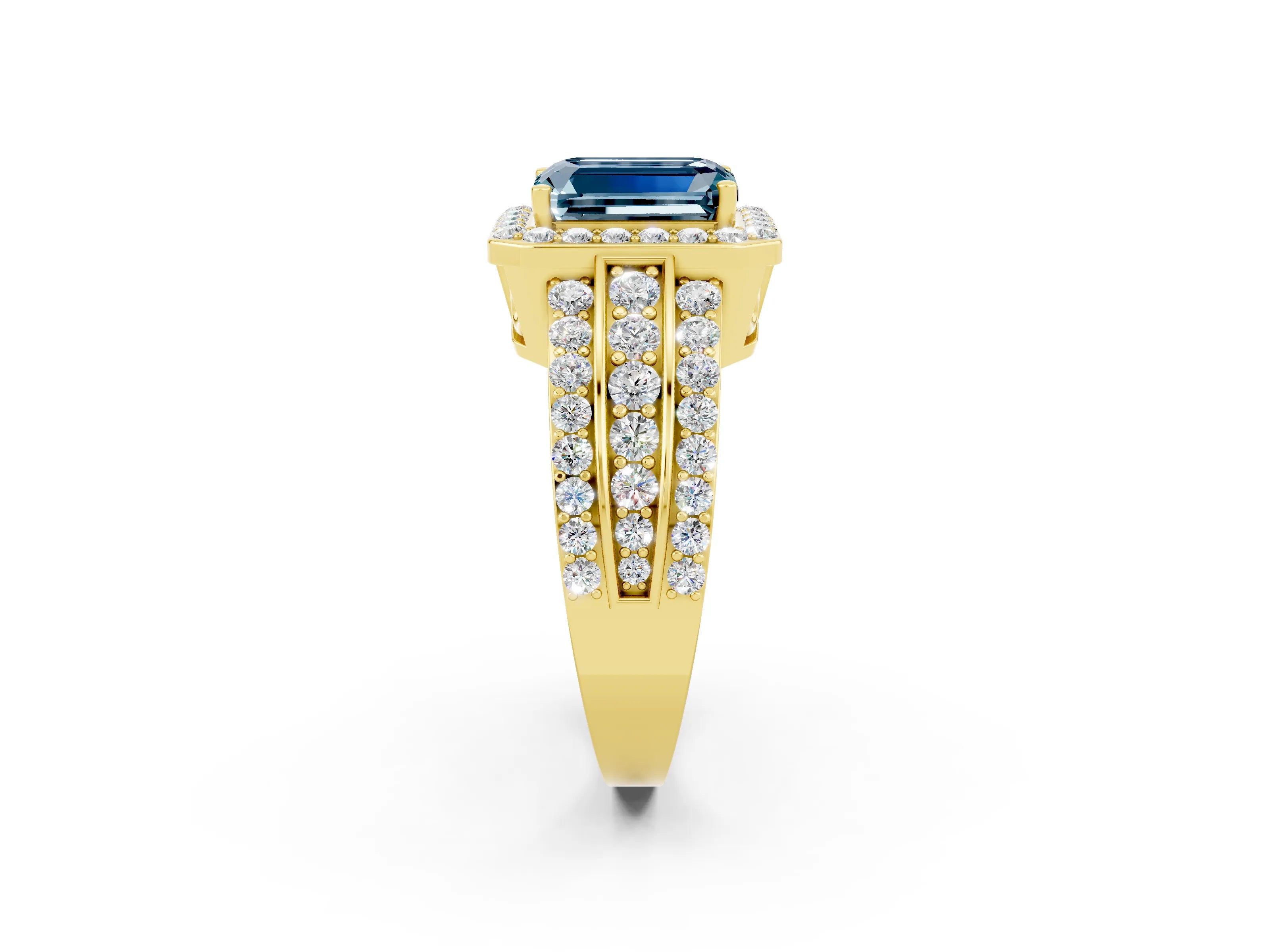 Yellow gold Emerald Cut Halo Aquamarine Ring with Split Shank and Four-Prong Setting_2