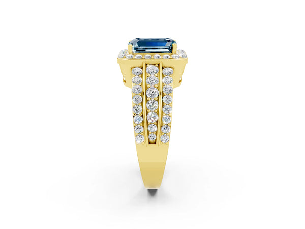Yellow gold Emerald Cut Halo Aquamarine Ring with Round  Split Shank and Prong Setting