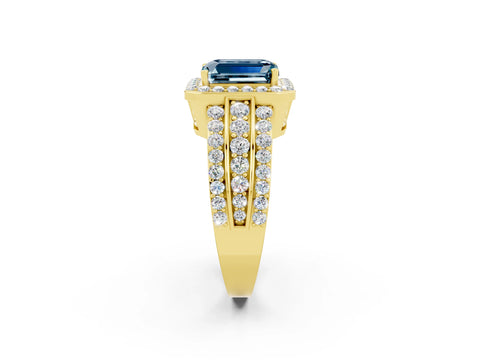 Yellow gold Emerald Cut Halo Aquamarine Ring with Split Shank and Four-Prong Setting_2