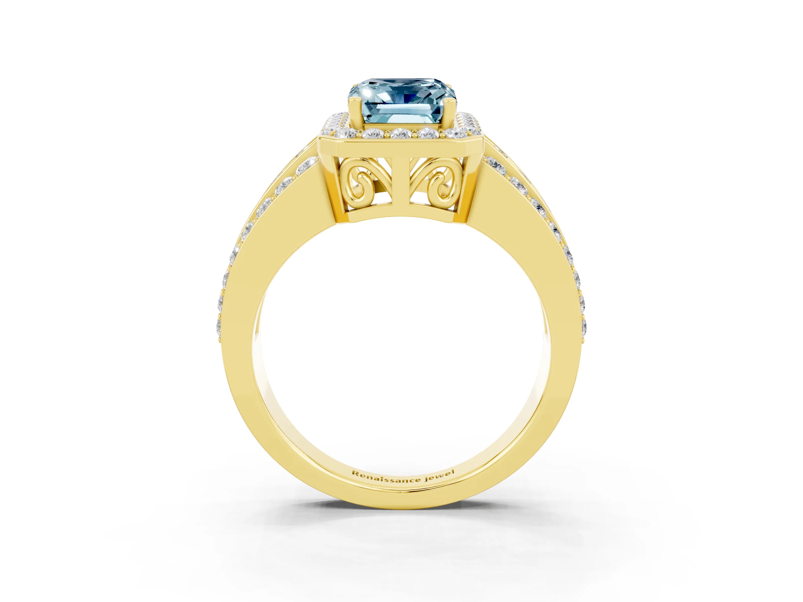 Yellow gold Emerald Cut Halo Aquamarine Ring with Split Shank and Four-Prong Setting_3