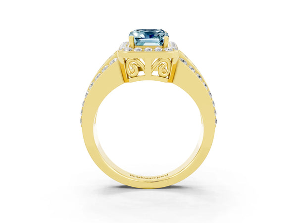 Yellow gold Emerald Cut Halo Aquamarine Ring with Round  Split Shank and Prong Setting