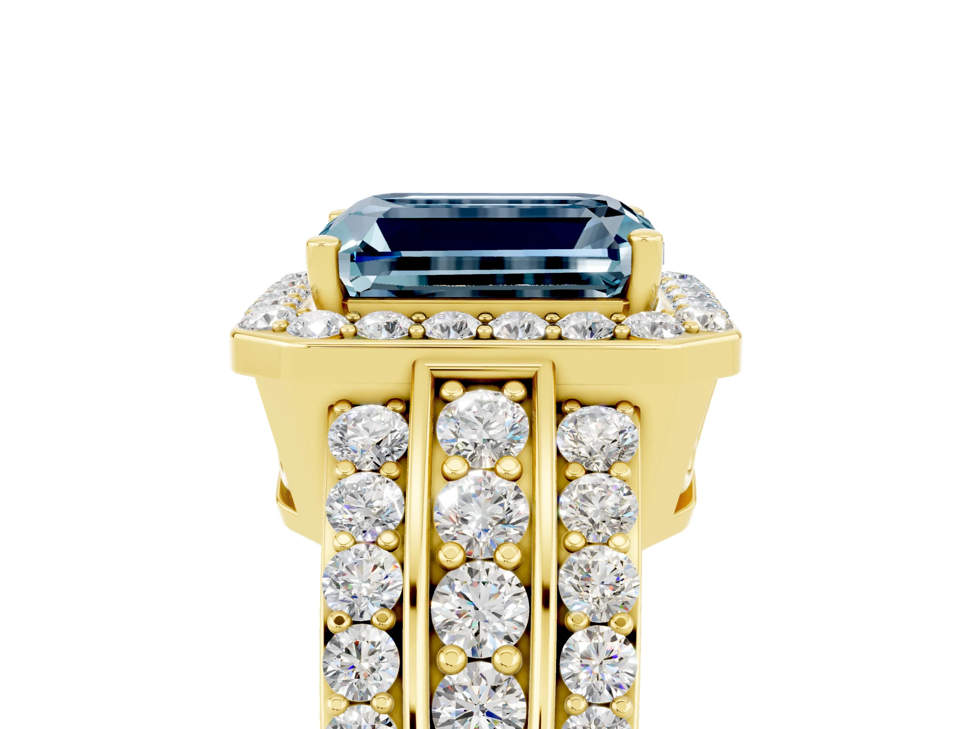 Yellow gold Emerald Cut Halo Aquamarine Ring with Split Shank and Four-Prong Setting_5