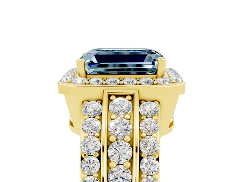 Yellow gold Emerald Cut Halo Aquamarine Ring with Split Shank and Four-Prong Setting_5