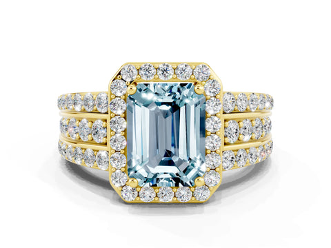 Yellow gold Emerald Cut Halo Aquamarine Ring with Split Shank and Four-Prong Setting