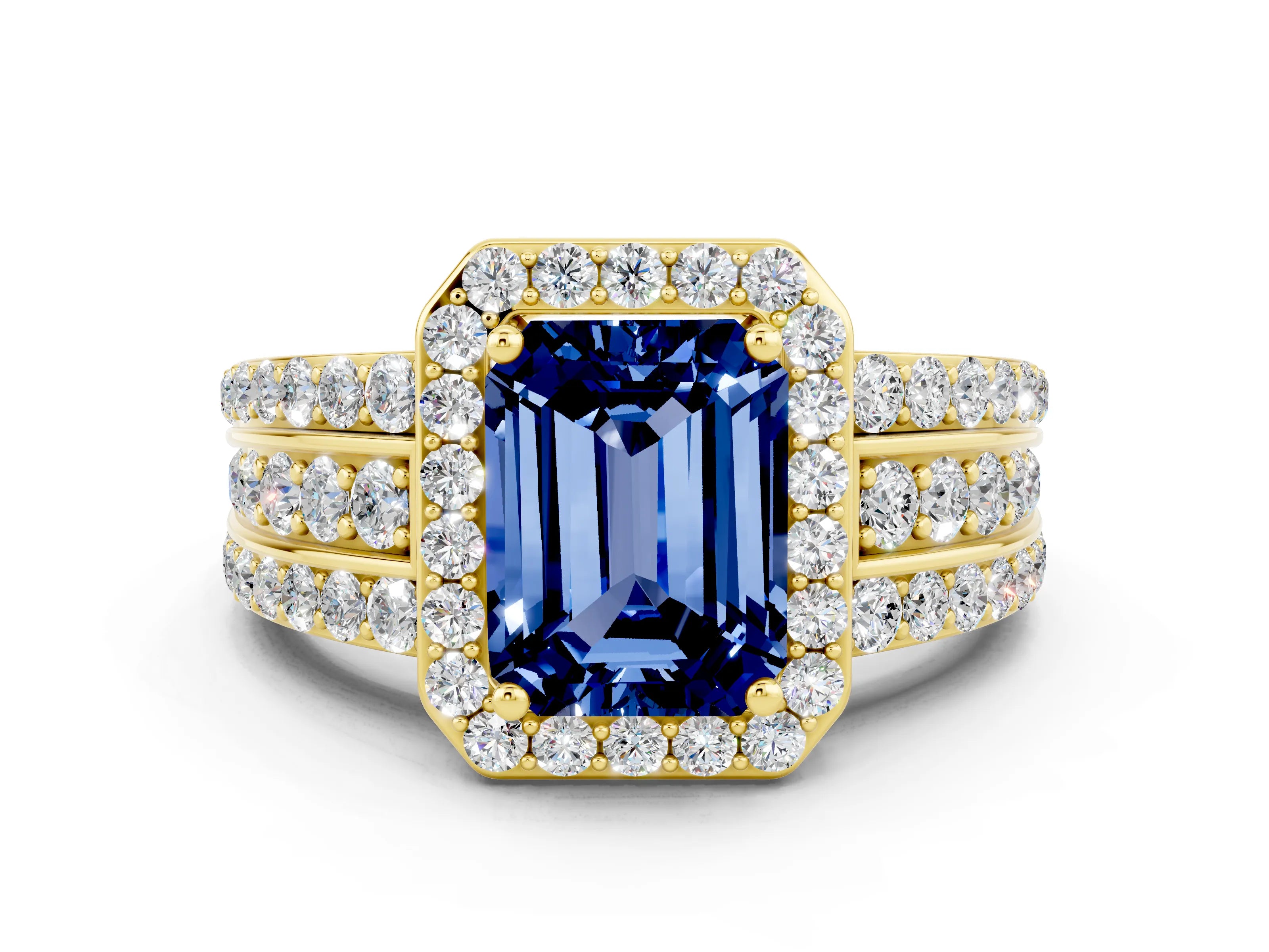 Yellow gold Emerald Cut Halo Blue Sapphire Ring with Split Shank and Four-Prong Setting