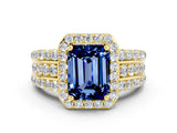 Yellow gold Emerald Cut Halo Blue Sapphire Ring with Split Shank and Four-Prong Setting