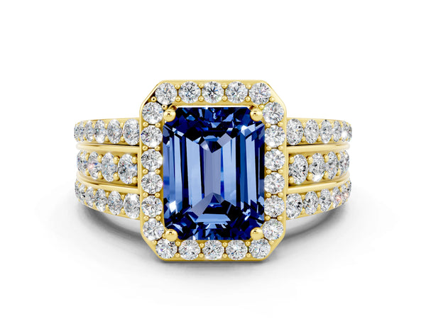 Yellow gold Emerald Cut Halo Blue Sapphire Ring with Round  Split Shank and Prong Setting