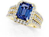 Yellow gold Emerald Cut Halo Blue Sapphire Ring with Split Shank and Four-Prong Setting_1