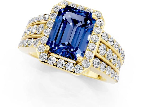 Yellow gold Emerald Cut Halo Blue Sapphire Ring with Round  Split Shank and Prong Setting