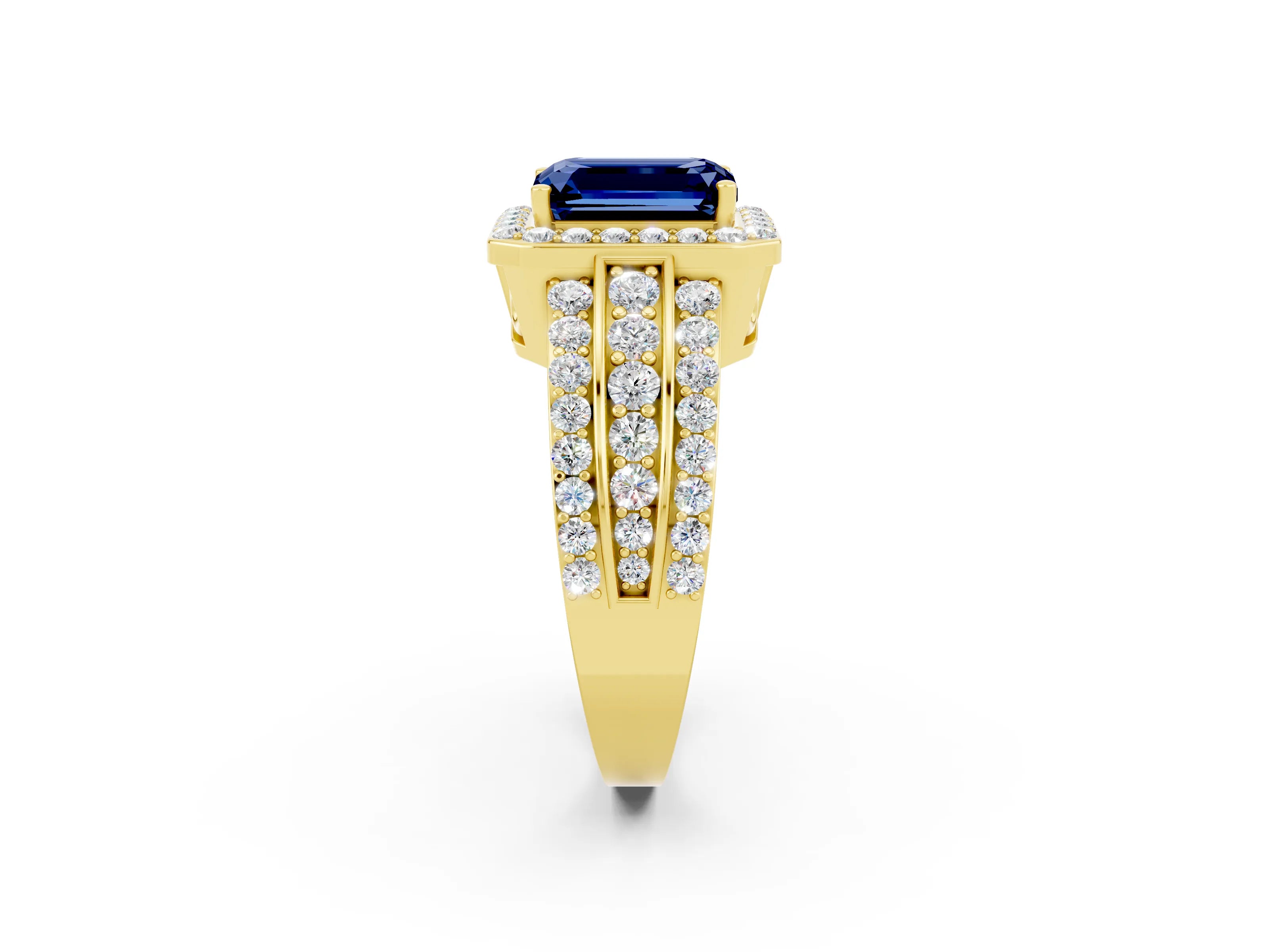 Yellow gold Emerald Cut Halo Blue Sapphire Ring with Split Shank and Four-Prong Setting_2