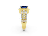 Yellow gold Emerald Cut Halo Blue Sapphire Ring with Split Shank and Four-Prong Setting_2