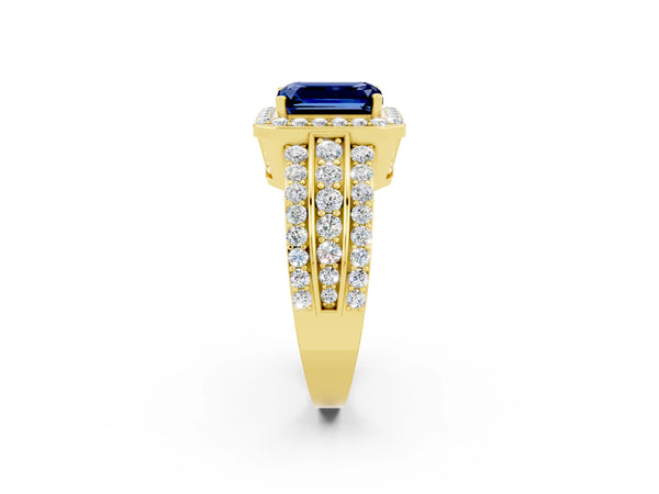 Yellow gold Emerald Cut Halo Blue Sapphire Ring with Round  Split Shank and Prong Setting
