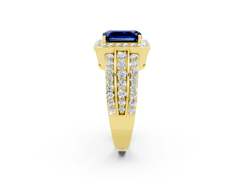 Yellow gold Emerald Cut Halo Blue Sapphire Ring with Split Shank and Four-Prong Setting_2
