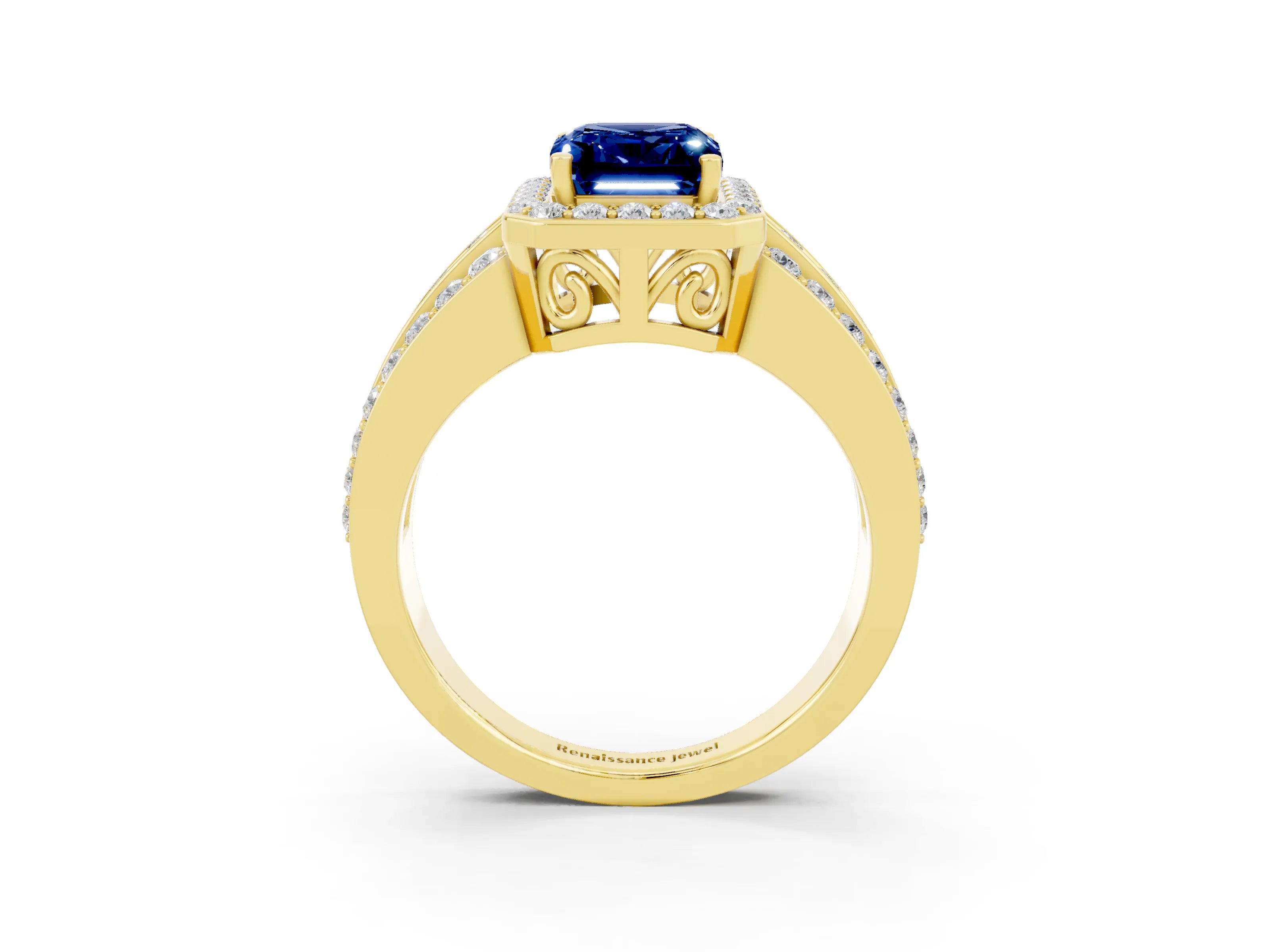 Yellow gold Emerald Cut Halo Blue Sapphire Ring with Split Shank and Four-Prong Setting_3