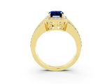 Yellow gold Emerald Cut Halo Blue Sapphire Ring with Split Shank and Four-Prong Setting_3