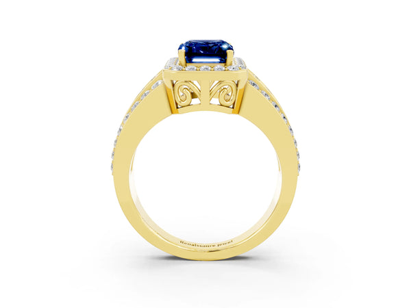 Yellow gold Emerald Cut Halo Blue Sapphire Ring with Round  Split Shank and Prong Setting