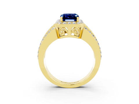 Yellow gold Emerald Cut Halo Blue Sapphire Ring with Split Shank and Four-Prong Setting_3