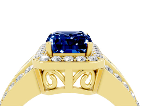 Yellow gold Emerald Cut Halo Blue Sapphire Ring with Split Shank and Four-Prong Setting_4