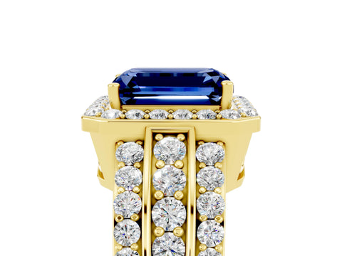 Yellow gold Emerald Cut Halo Blue Sapphire Ring with Split Shank and Four-Prong Setting_5