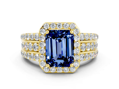 Yellow gold Emerald Cut Halo Blue Sapphire Ring with Split Shank and Four-Prong Setting