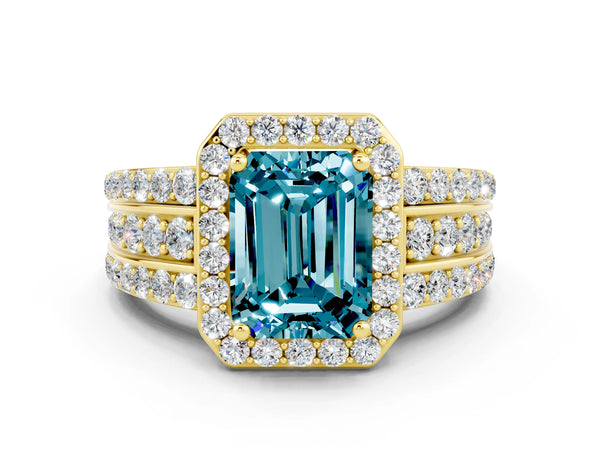 Yellow gold Emerald Cut Halo Blue Topaz Ring with Round  Split Shank and Prong Setting