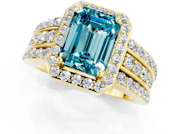 Yellow gold Emerald Cut Halo Blue Topaz Ring with Round  Split Shank and Prong Setting