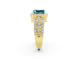 Yellow gold Emerald Cut Halo Blue Topaz Ring with Split Shank and Four-Prong Setting_2
