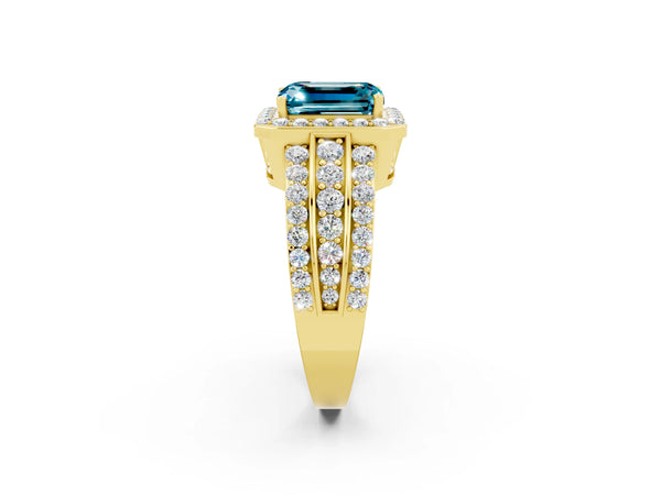 Yellow gold Emerald Cut Halo Blue Topaz Ring with Round  Split Shank and Prong Setting