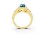 Yellow gold Emerald Cut Halo Blue Topaz Ring with Split Shank and Four-Prong Setting_3