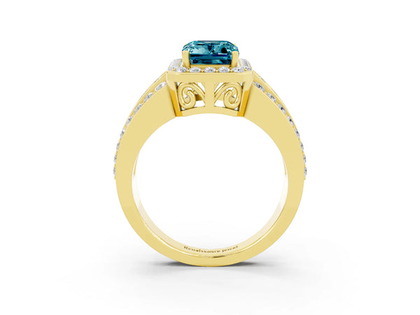 Yellow gold Emerald Cut Halo Blue Topaz Ring with Round  Split Shank and Prong Setting