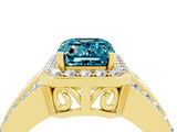 Yellow gold Emerald Cut Halo Blue Topaz Ring with Split Shank and Four-Prong Setting_4