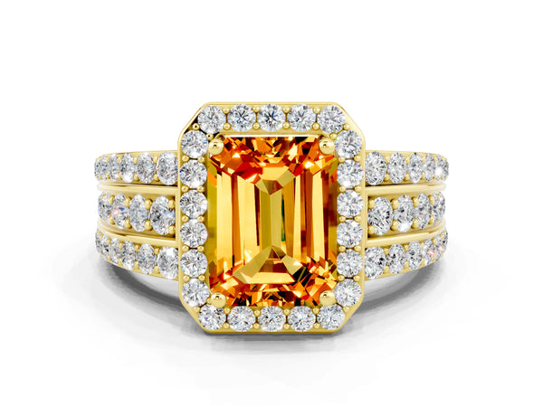 Yellow gold Emerald Cut Halo Citrine Ring with Round  Split Shank and Prong Setting