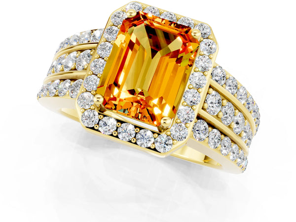 Yellow gold Emerald Cut Halo Citrine Ring with Round  Split Shank and Prong Setting