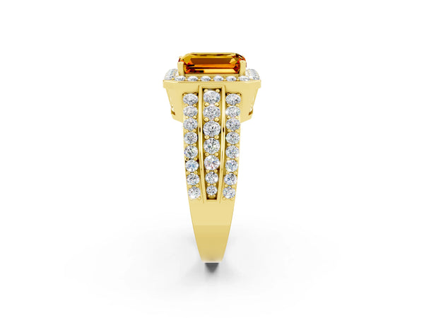 Yellow gold Emerald Cut Halo Citrine Ring with Round  Split Shank and Prong Setting