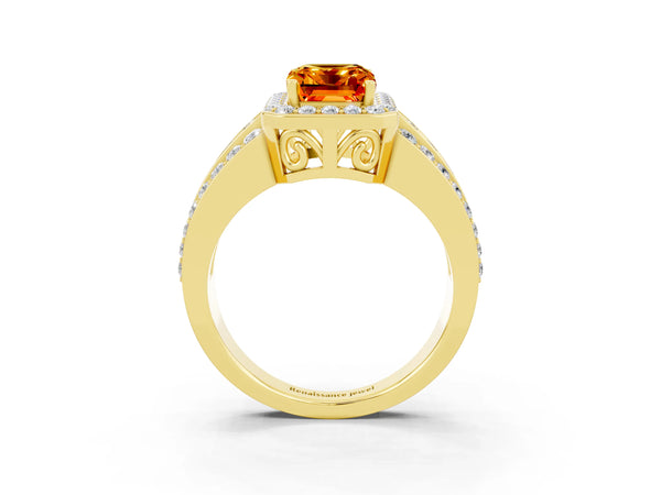Yellow gold Emerald Cut Halo Citrine Ring with Round  Split Shank and Prong Setting
