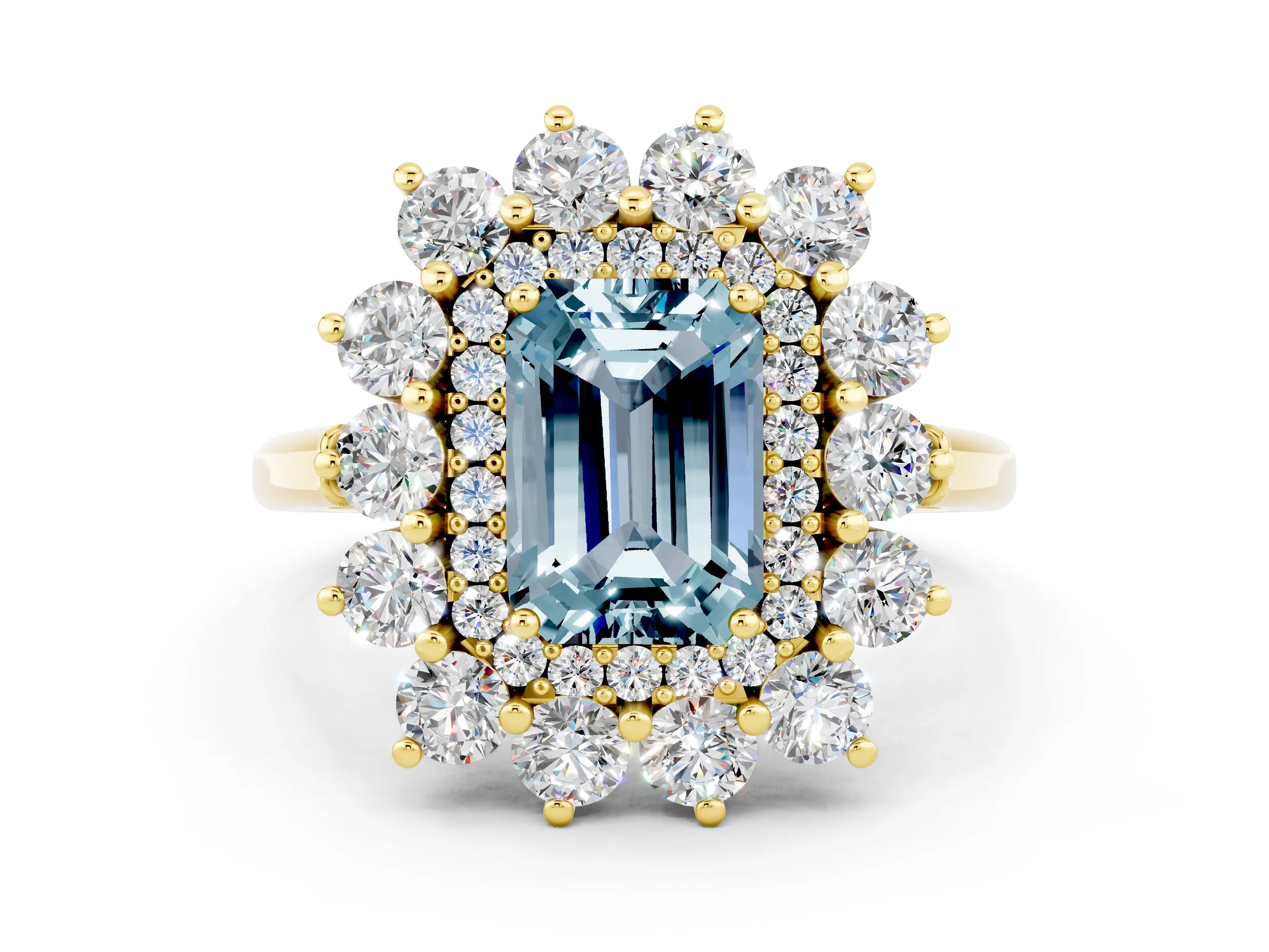 Yellow gold Emerald Cut Halo Cluster Diamond Ring with Pave Band and Four-Prong Setting