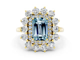 Yellow gold Emerald Cut Halo Cluster Diamond Ring with Pave Band and Four-Prong Setting