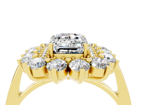 Yellow gold Emerald Cut Halo Cluster Diamond Ring with Pave Band and Four-Prong Setting_10