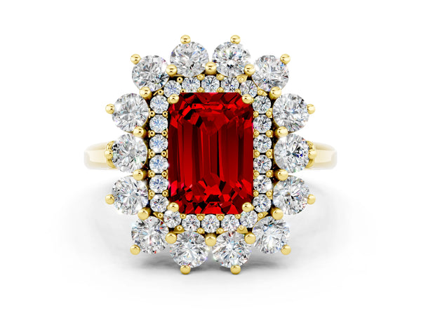 Yellow gold Emerald Cut Ruby Floral Double Halo Engagement Ring with Prong Setting
