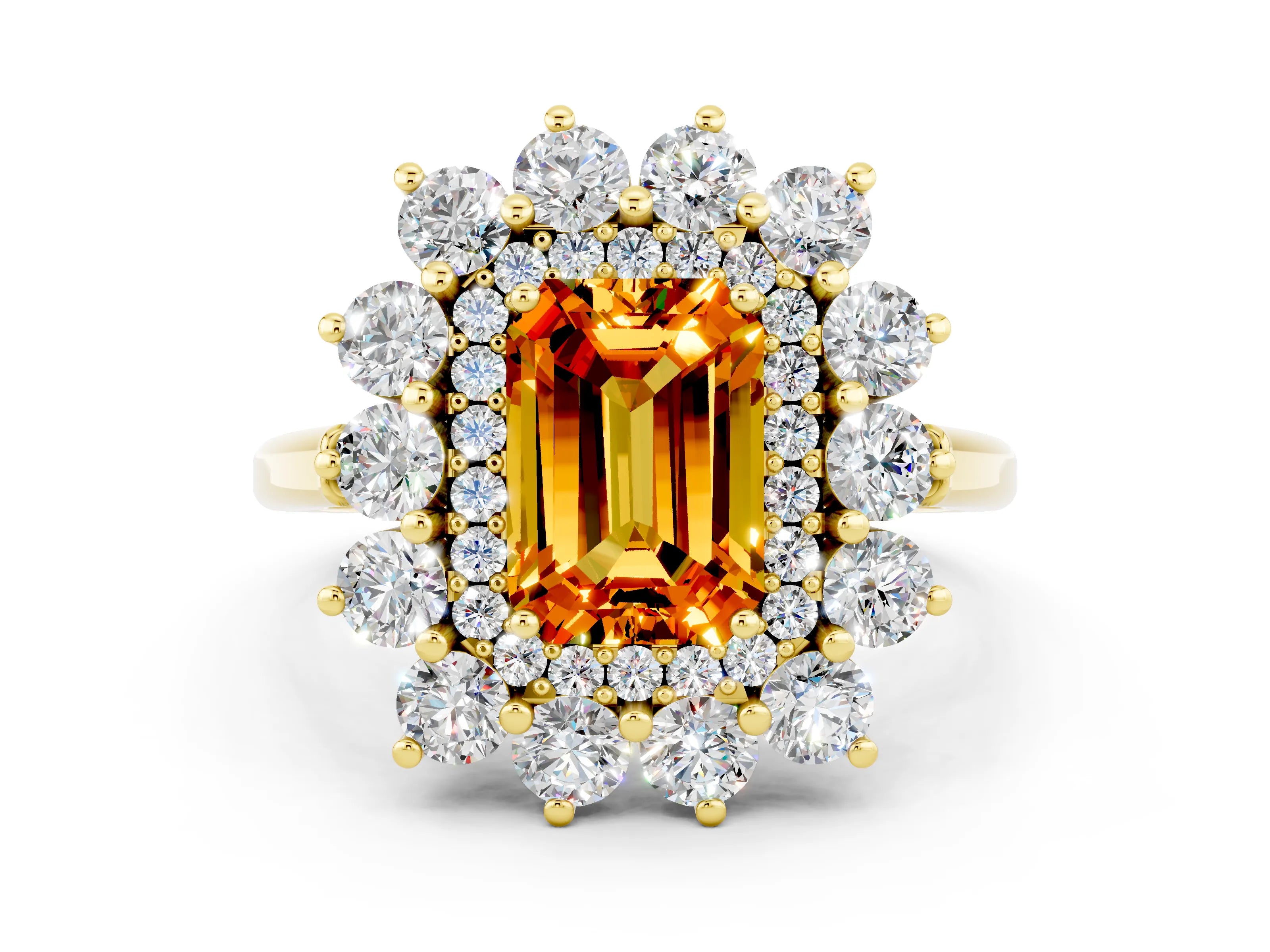 Yellow gold Emerald Cut Halo Cluster Diamond Ring with Pave Band and Four-Prong Setting_12