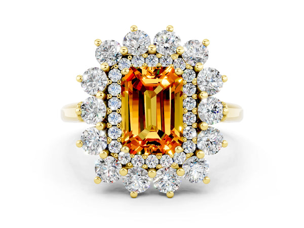 Yellow gold Emerald Cut Citrine Floral Double Halo Engagement Ring with Prong Setting
