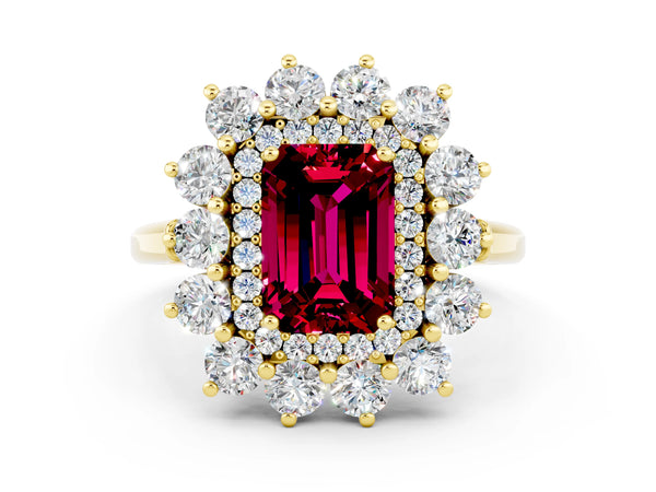 Yellow gold Emerald Cut Garnet Floral Double Halo Engagement Ring with Prong Setting