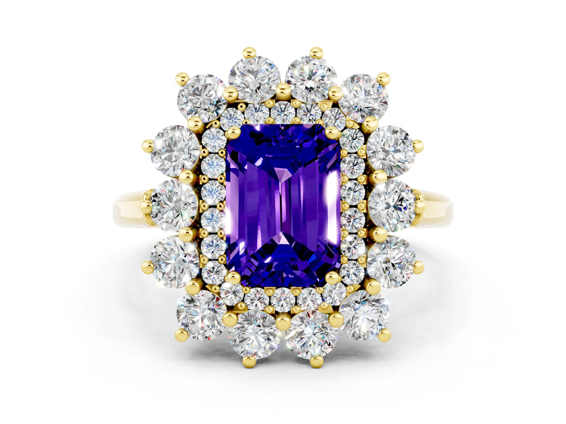 Yellow gold Emerald Cut Halo Cluster Diamond Ring with Pave Band and Four-Prong Setting_12
