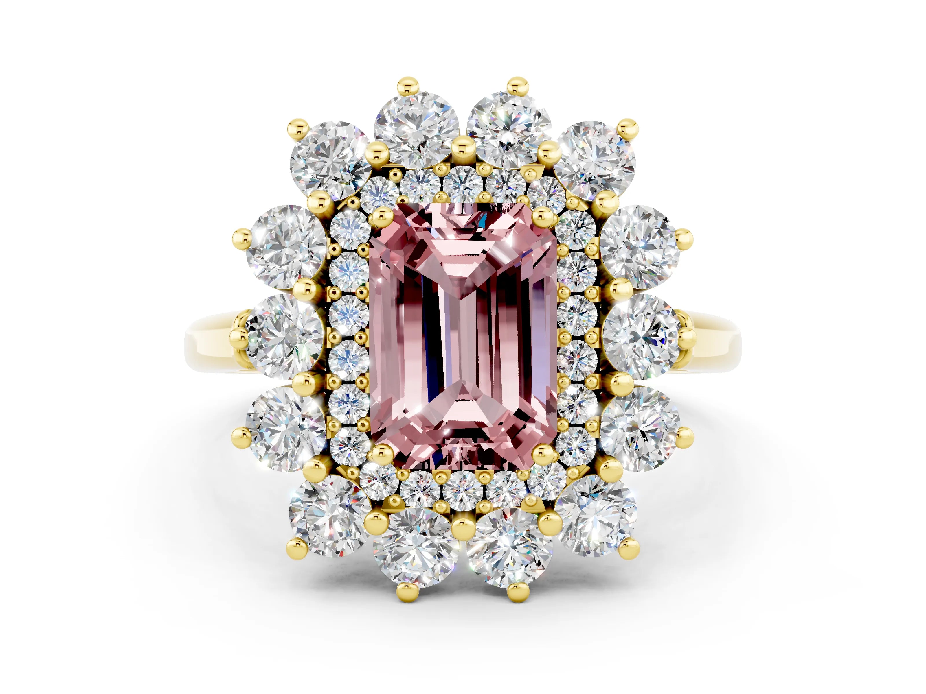 Yellow gold Emerald Cut Halo Cluster Diamond Ring with Pave Band and Four-Prong Setting_12
