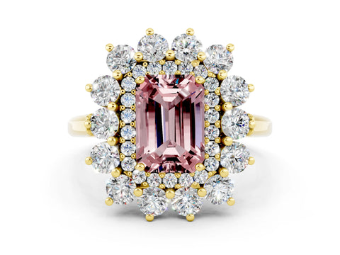Yellow gold Emerald Cut Halo Cluster Diamond Ring with Pave Band and Four-Prong Setting_12