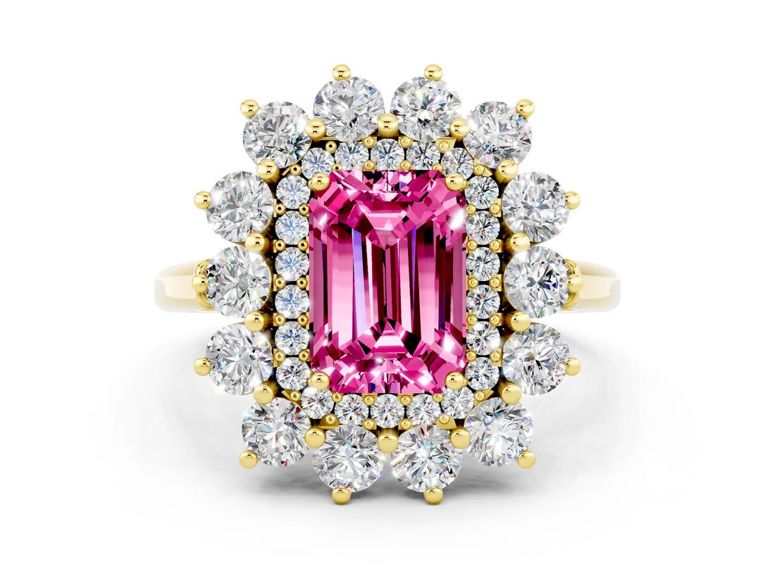 Yellow gold Emerald Cut Halo Cluster Diamond Ring with Pave Band and Four-Prong Setting_12