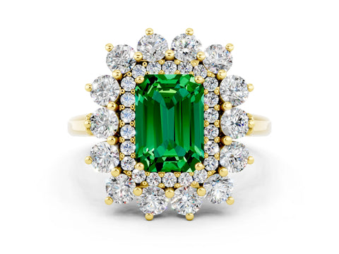 Yellow gold Emerald Cut Halo Cluster Diamond Ring with Pave Band and Four-Prong Setting_12
