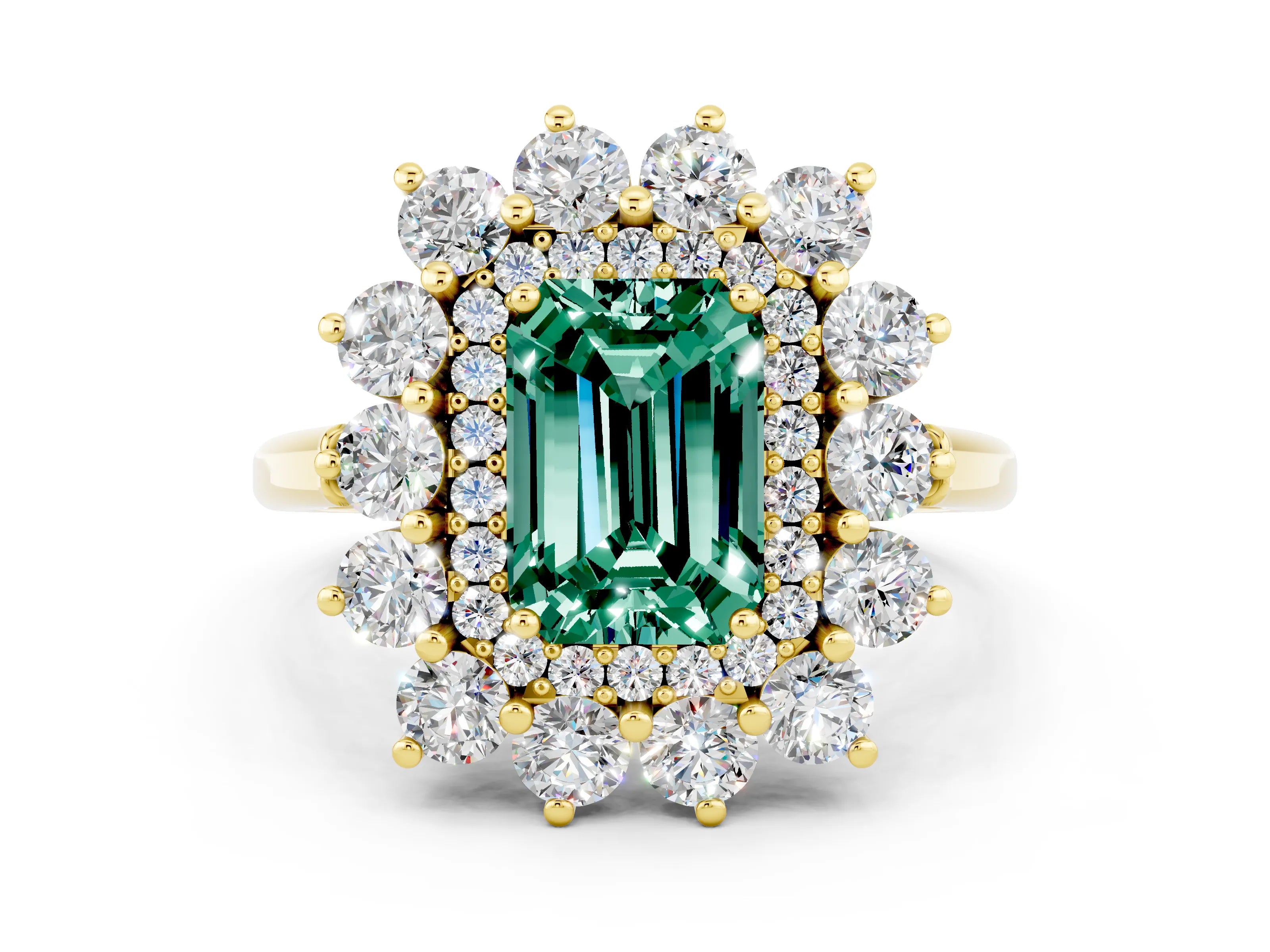 Yellow gold Emerald Cut Halo Cluster Diamond Ring with Pave Band and Four-Prong Setting_12