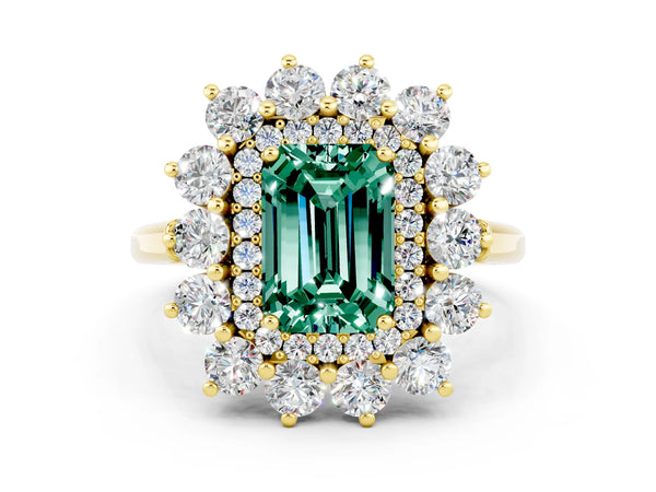 Yellow gold Emerald Cut Green Sapphire Floral Double Halo Engagement Ring with Prong Setting